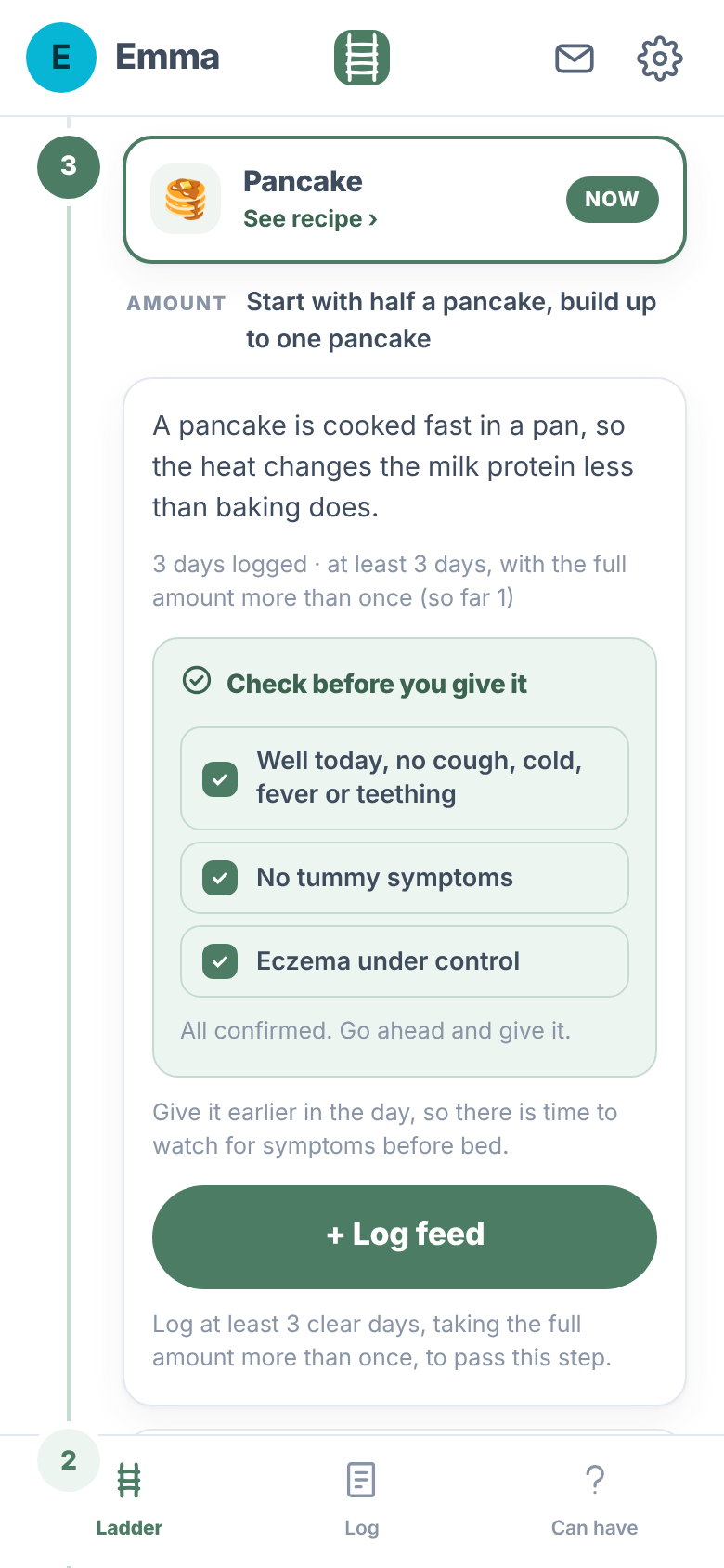 The ladder screen, showing step 3 with a pancake recipe and the checks to do before a feed